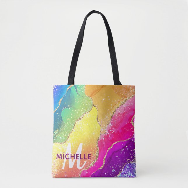Bright Rainbow & Gold Faux Glitter Agate Monogram Tote Bag (Front)