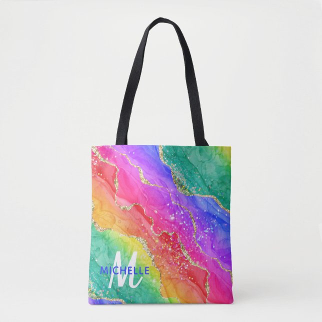 Bright Rainbow & Gold Faux Glitter Agate Monogram  Tote Bag (Front)