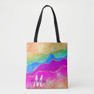 Bright Rainbow & Gold Faux Glitter Agate Monogram Tote Bag