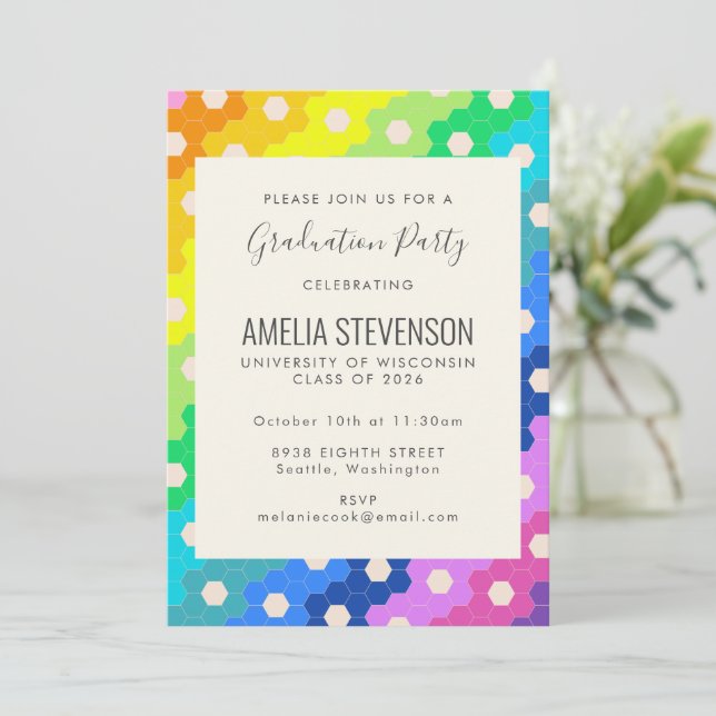 Bright Rainbow Hexagons Modern Graduation Party Invitation (Standing Front)