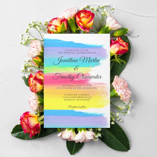 Bright Rainbow Modern Cheerful Gay Couple Wedding Invitation (Creator Uploaded)