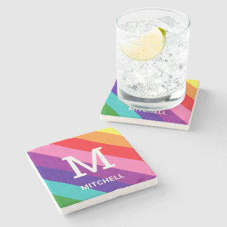 Bright Rainbow Monogram Family Name Pride Stone Coaster