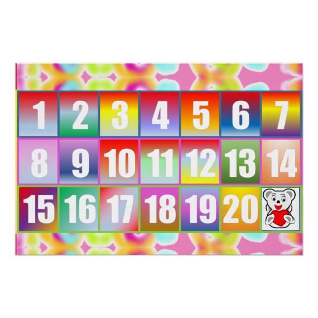 Bright Rainbow Numbers Poster 1–20 with Cute Bear (Front)