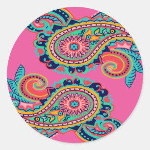 Bright Rainbow Paisley Collection Teal Orange Pink Classic Round Sticker