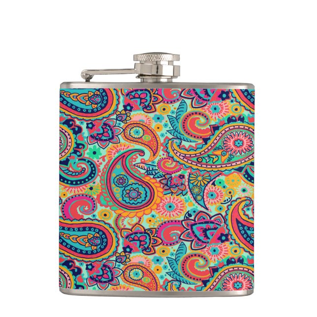 Bright Rainbow Paisley Hip Flask (Front)
