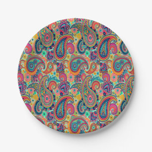 Bright Rainbow Paisley Paper Plate