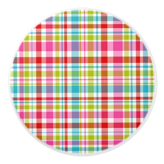 Bright Rainbow Plaid Checkered Pattern Ceramic Knob (Front)