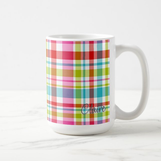 Bright Rainbow Plaid Checkered Pattern Custom Name Coffee Mug (Right)