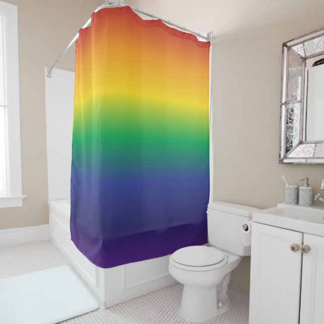 Bright Rainbow Primary Colour Stripes Shower Curtain (In Situ)