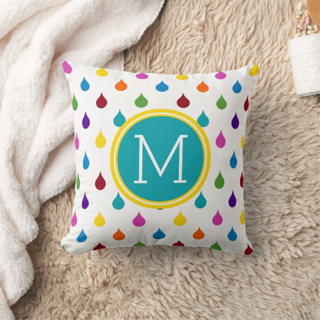 Bright Rainbow Raindrops Monogram Cushion (Blanket)