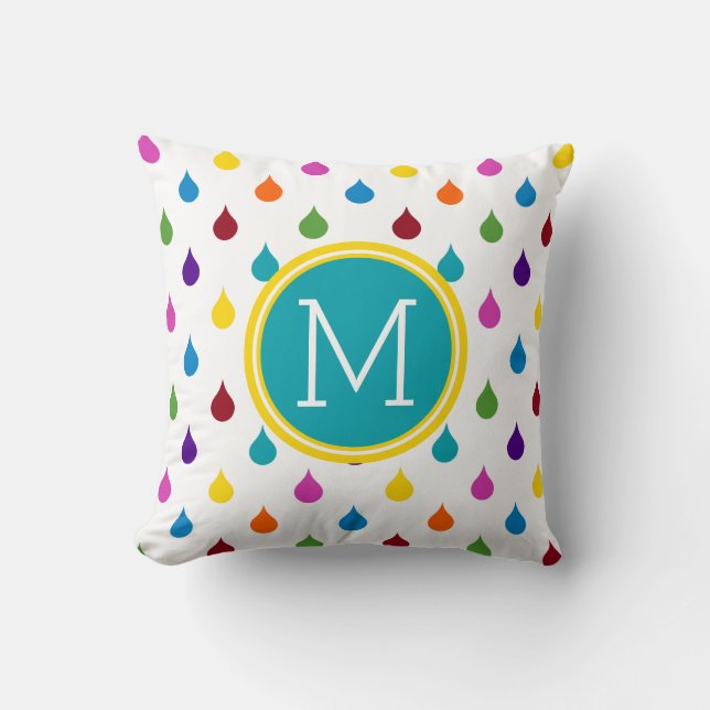 Bright Rainbow Raindrops Monogram Cushion (Front)