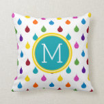 Bright Rainbow Raindrops Monogram Cushion<br><div class="desc">This cute pillow features a bright raindrop pattern in shades of red,  orange,  yellow,  green,  blue,  purple,  pink and teal on white.  Personalise the matching teal and yellow monogram with your choice of initial.</div>