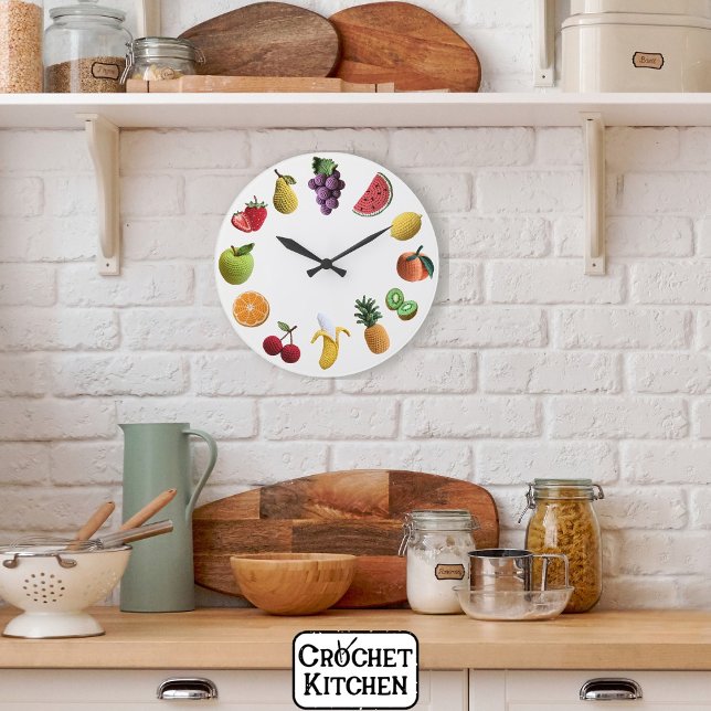 Bright Rainbow Scrapbook Crochet Fruit Collage Large Clock (Creator Uploaded)
