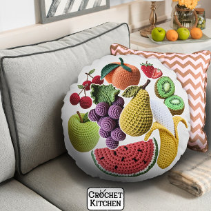 Bright Rainbow Scrapbook Crochet Fruit Collage Round Cushion