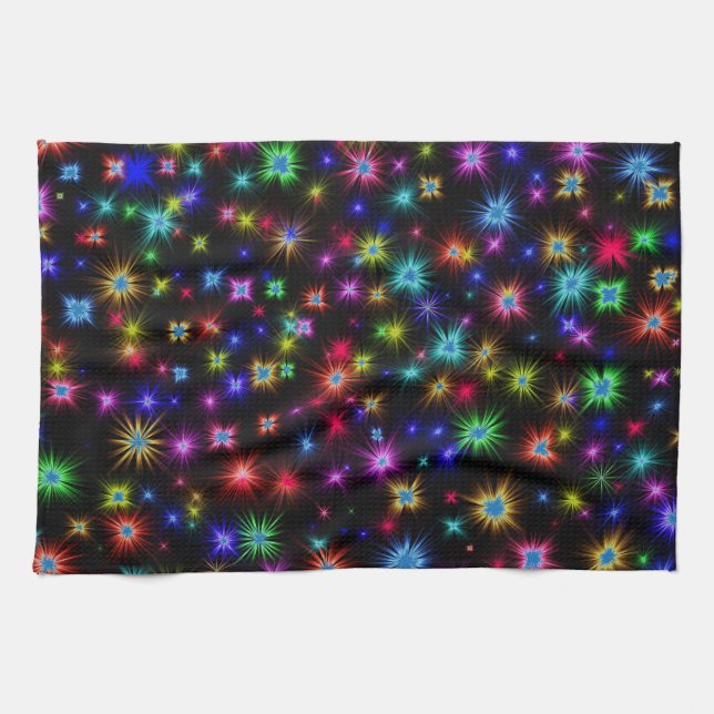 Bright Rainbow Sparkles, Stars & Fireworks Tea Towel (Horizontal)