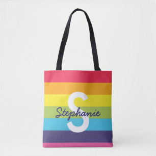 Bright Rainbow Stripe Initial Name Tote Bag