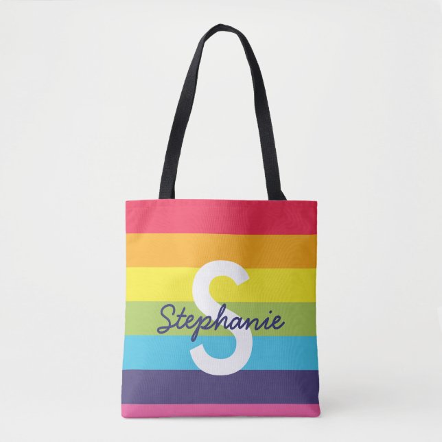 Bright Rainbow Stripe Initial Name Tote Bag (Front)