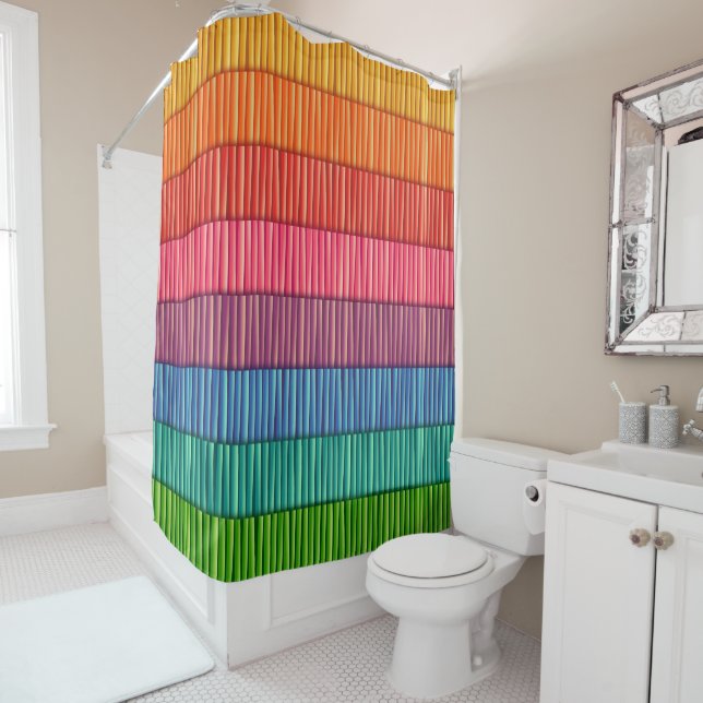 Bright Rainbow Striped Pattern Shower Curtain (In Situ)