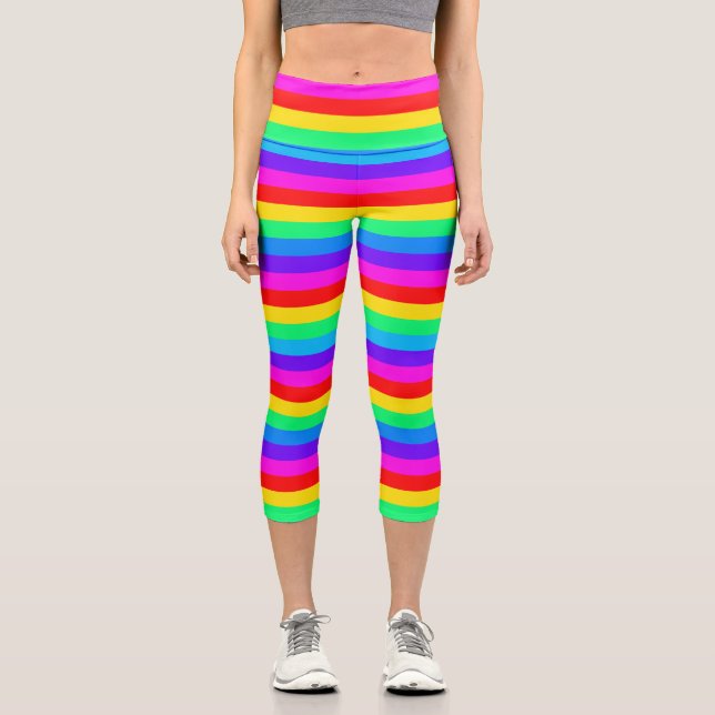 Bright Rainbow Stripes Capri Leggings (Front)