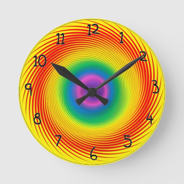 Bright Rainbow Swirl Kids Clock With Numbers (Front)