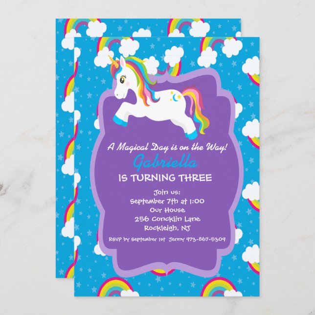 Bright Rainbow Unicorn Birthday Invitation (Front/Back)
