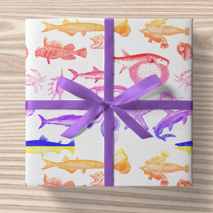 Bright Rainbow Vintage Sea Creatures Line Art Wrapping Paper Sheet