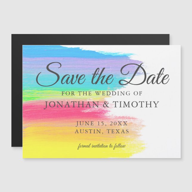 Bright Rainbow Watercolor LGBTQ Save the Date Magnetic Invitation (Front/Back)