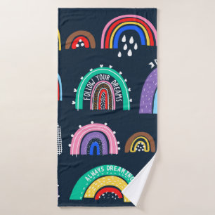 Bright rainbows on a dark background. Cute illustr Bath Towel