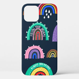 Bright rainbows on a dark background. Cute illustr iPhone 12 Case