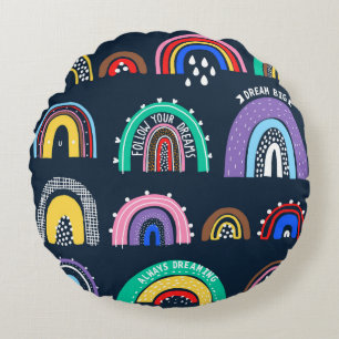 Bright rainbows on a dark background. Cute illustr Round Cushion