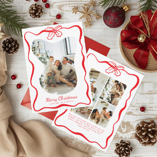 Bright Red 4 Photo Doodle Poinsettia Christmas Holiday Card