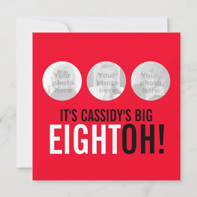 Bright red 80th EIGHTOH! photo birthday invite (Front)