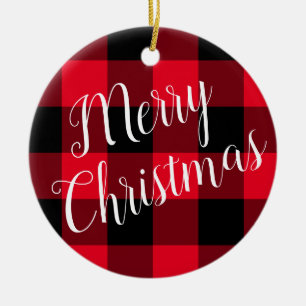 Bright Red and Black Buffalo Plaid Merry Christmas Ceramic Ornament