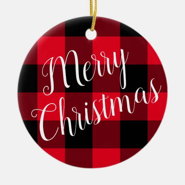 Bright Red and Black Buffalo Plaid Merry Christmas Ceramic Ornament (Front)