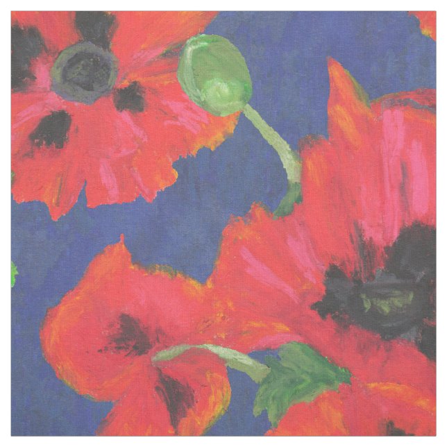 Bright Red and Black Oriental Poppies on Blue Fabric (Swatch)