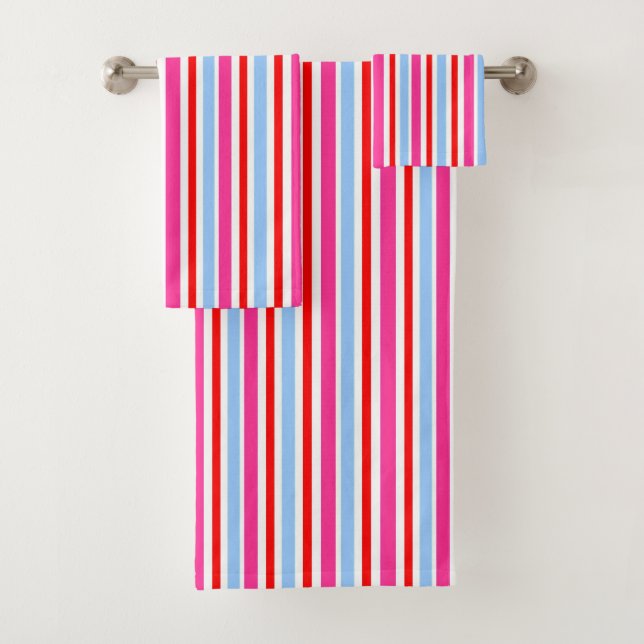 Bright Red and Blue Candy Stripes Bath Towel Set (Insitu)