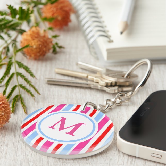 Bright Red and Blue Candy Stripes Monogram Key Ring (Front Right)
