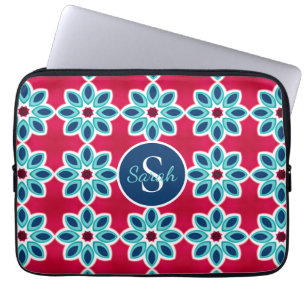 Bright Red and Blue Modern Geometric Monogram Laptop Sleeve