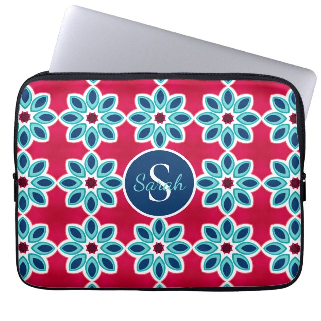 Bright Red and Blue Modern Geometric Monogram Laptop Sleeve (Front)