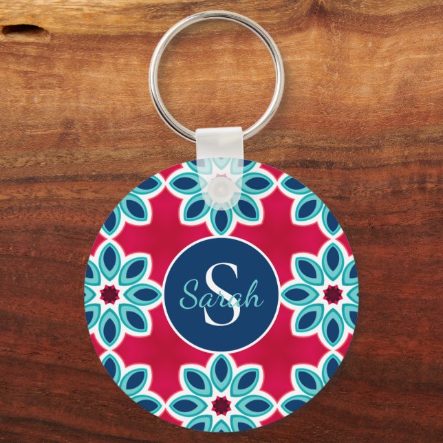Bright Red and Blue Modern Geometric Personalised Key Ring (Front)