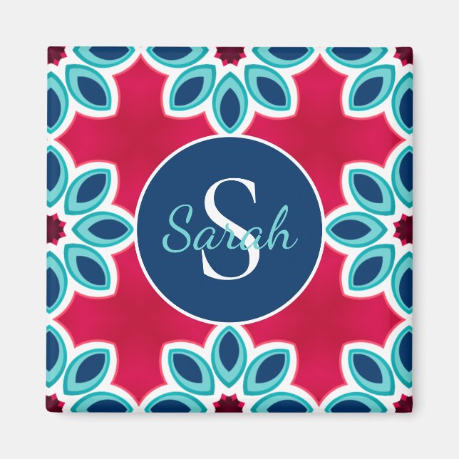 Bright Red and Blue Modern Geometric Personalised Magnet (Front)