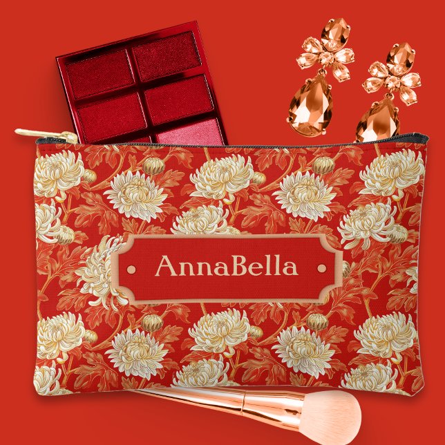 Bright Red and Cream Chrysanthemum Accessory Pouch (Creator Uploaded)