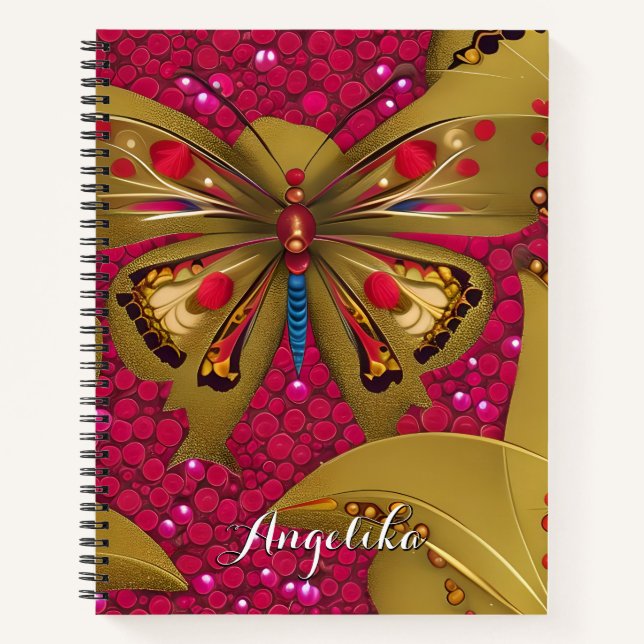 Bright Red and Gold Butterfly Personalised Name Notebook (Front)