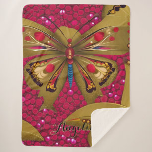 Bright Red and Gold Butterfly Personalised Name Sherpa Blanket