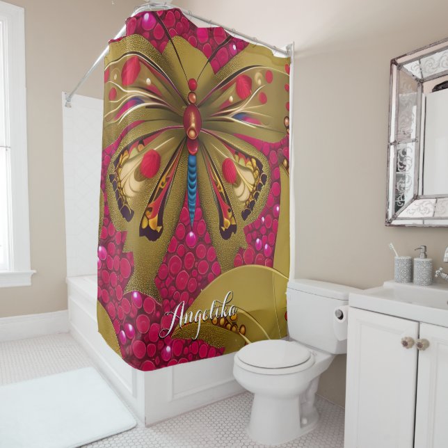 Bright Red and Gold Butterfly Personalised Name Shower Curtain (In Situ)