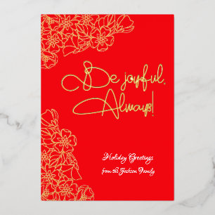 Bright Red and Gold Floral Joyful Photo Christmas Foil Holiday Card