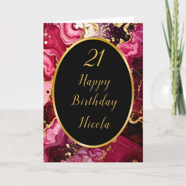 Bright Red and Gold Marble Agate Birthday Party Card (Front)