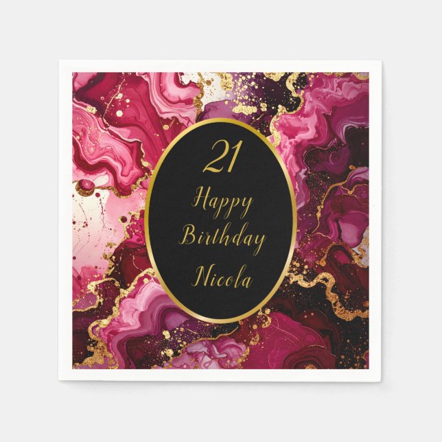 Bright Red and Gold Marble Agate Birthday Party Napkin (Front)