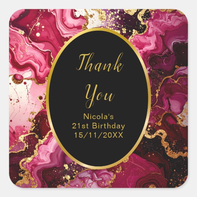 Bright Red and Gold Marble Agate Birthday Party Square Sticker (Front)