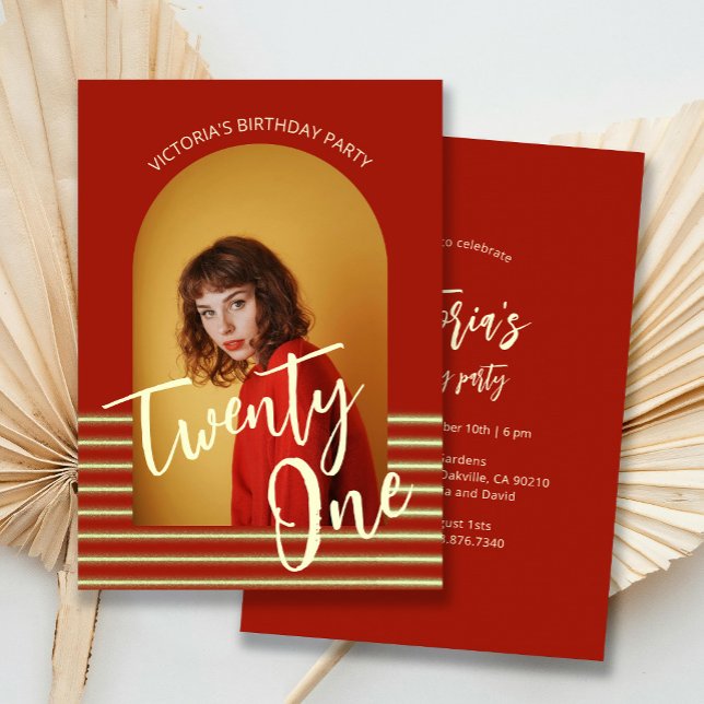 Bright Red and Gold Photo 21st Birthday Party  Invitation (Creator Uploaded)